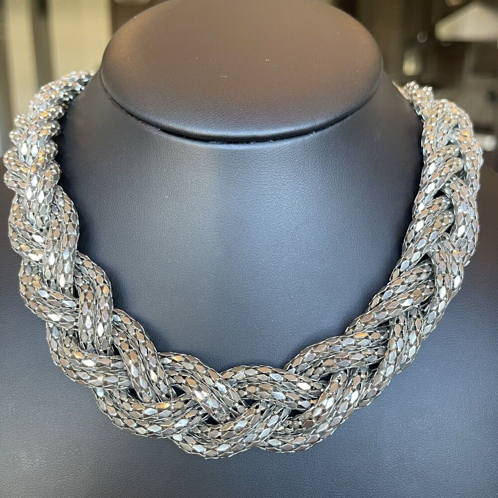 Express Braided Mesh Necklace Twisted Chain Statement Chunky Silver Tone Bling